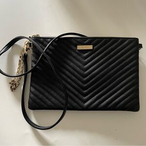 Aldo Quilted Crossbody Bag Purse Black Gold Chain Slim Faux Vegan Leather